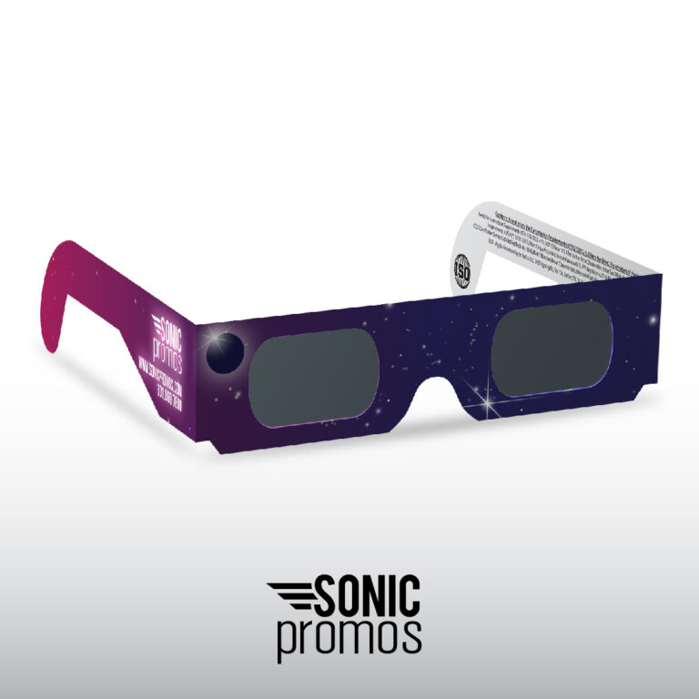 A rendering of custom branded eclipse glasses sit on a white background.