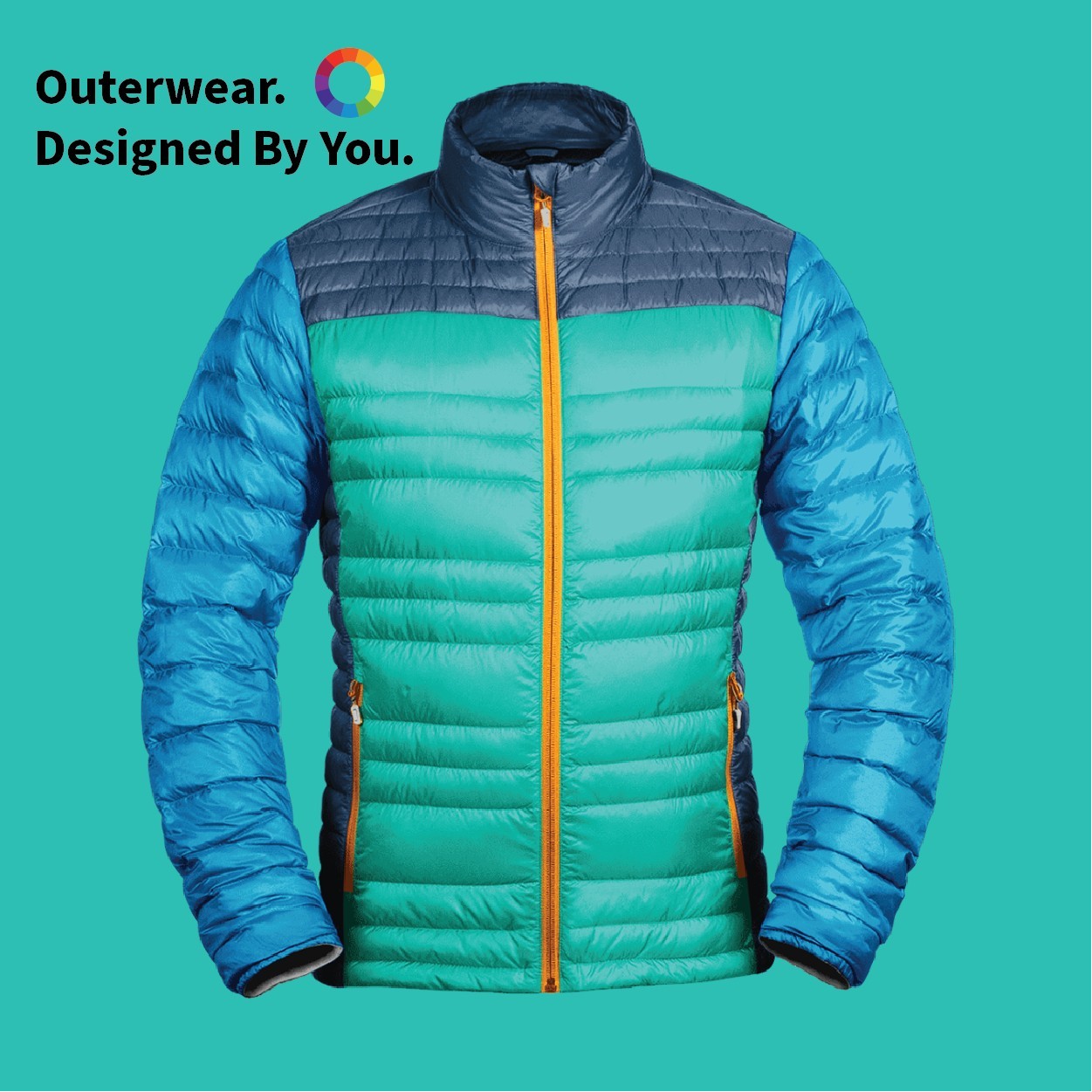 A down jacket with blue sleeves, a green body and yellow zipper. The jacket colors are completely customizable by the customer.