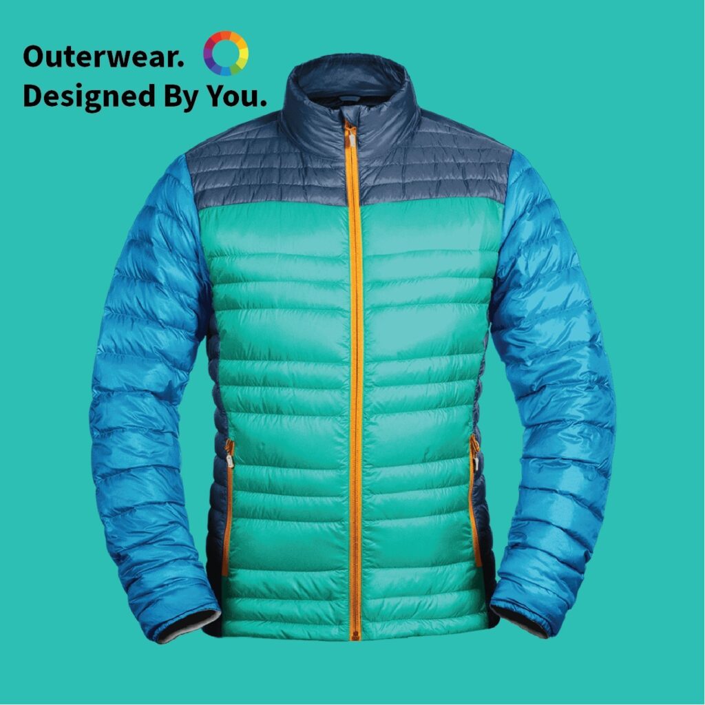 A down jacket with blue sleeves, a green body and yellow zipper. The jacket colors are completely customizable by the customer.