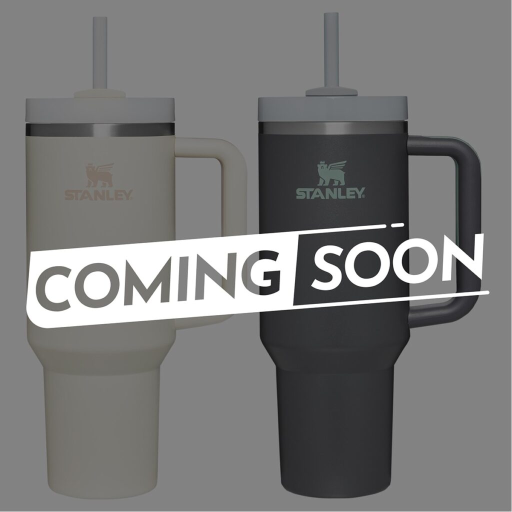 Two Stanley Quencher 40oz tumblers in charcoal and cream are next to each other. Text over them says "Coming Soon: