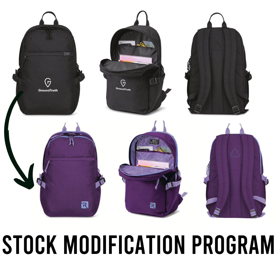 Three views of a custom printed black backpack are shown at the top. An arrow points to the three purple custom created versions of the same backpack in a row below. Then the text at the bottom says "Stock modification program"