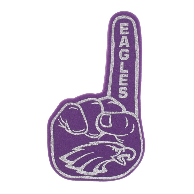 A foam finger is decorated with the Eagles logo. The finger is pointing as if it is saying "we're number one!"