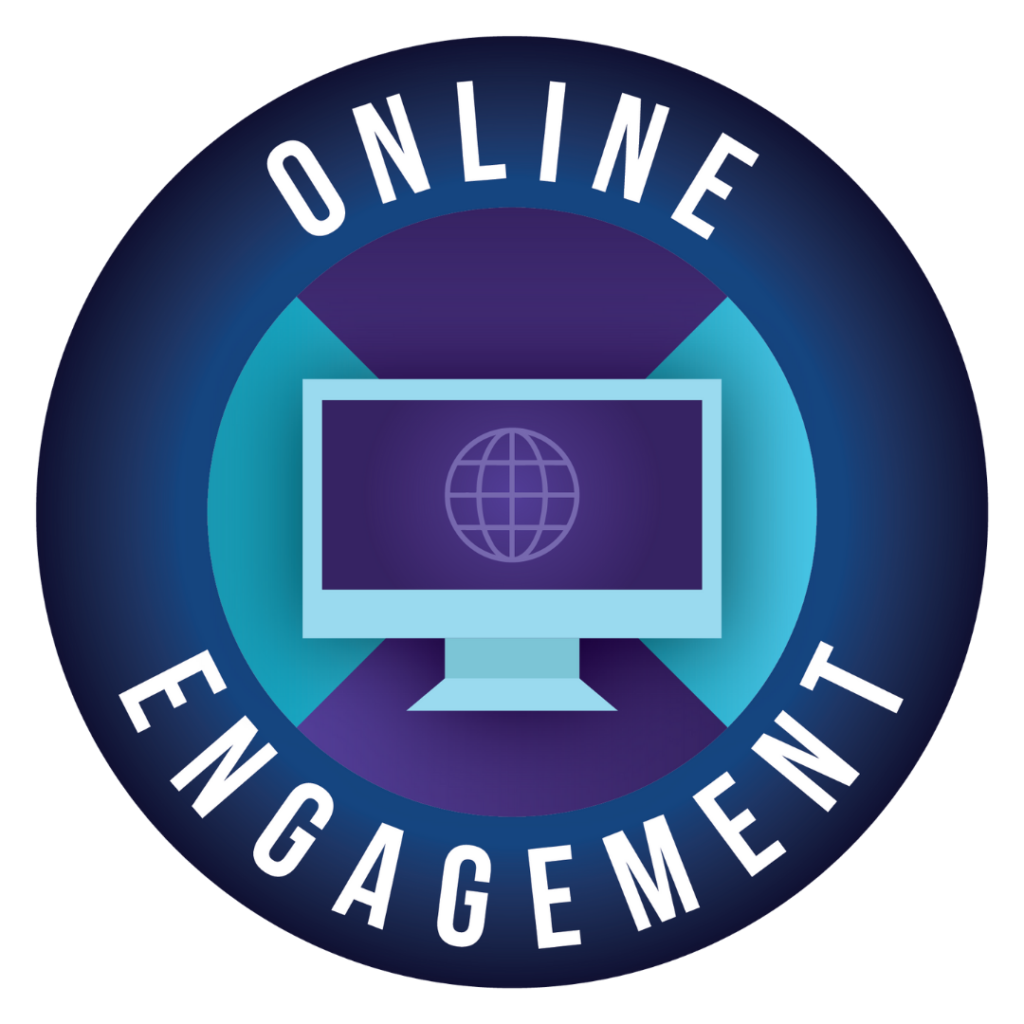 A round badge that reads online engagement
