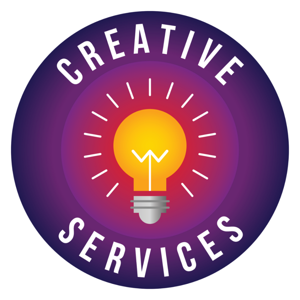 A round badge that reads creative services