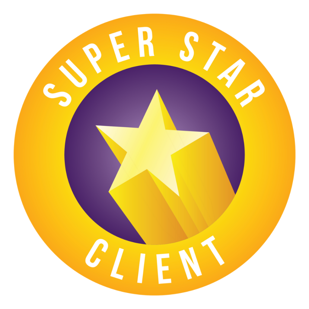 A round badge that reads super star client