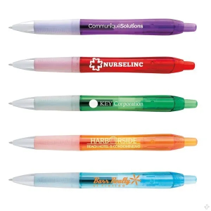 A stack of the viral tiktok pen the bic intensity gel pen shown in purple, red, green, orange and blue. Each has a custom logo printed on it.