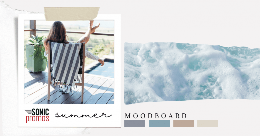 Blog header. A picture of a person relaxing in a beach chair. A custom branded towel is draped over the back of the chair. It's a scene of relaxation. The image is in a polaroid style frame and text below reads Sonic Promos. Summer. Next to this image is a torn looking picture of ocean water. Underneath that image is text that reads moodboard.