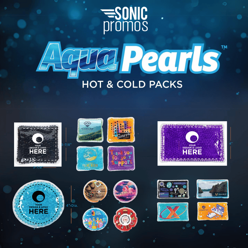 Dark blue underwater background. Text: "Aqua Pearls Hot & Cold Packs." Images show custom branded hot and color packs with custom logos on them in full color.