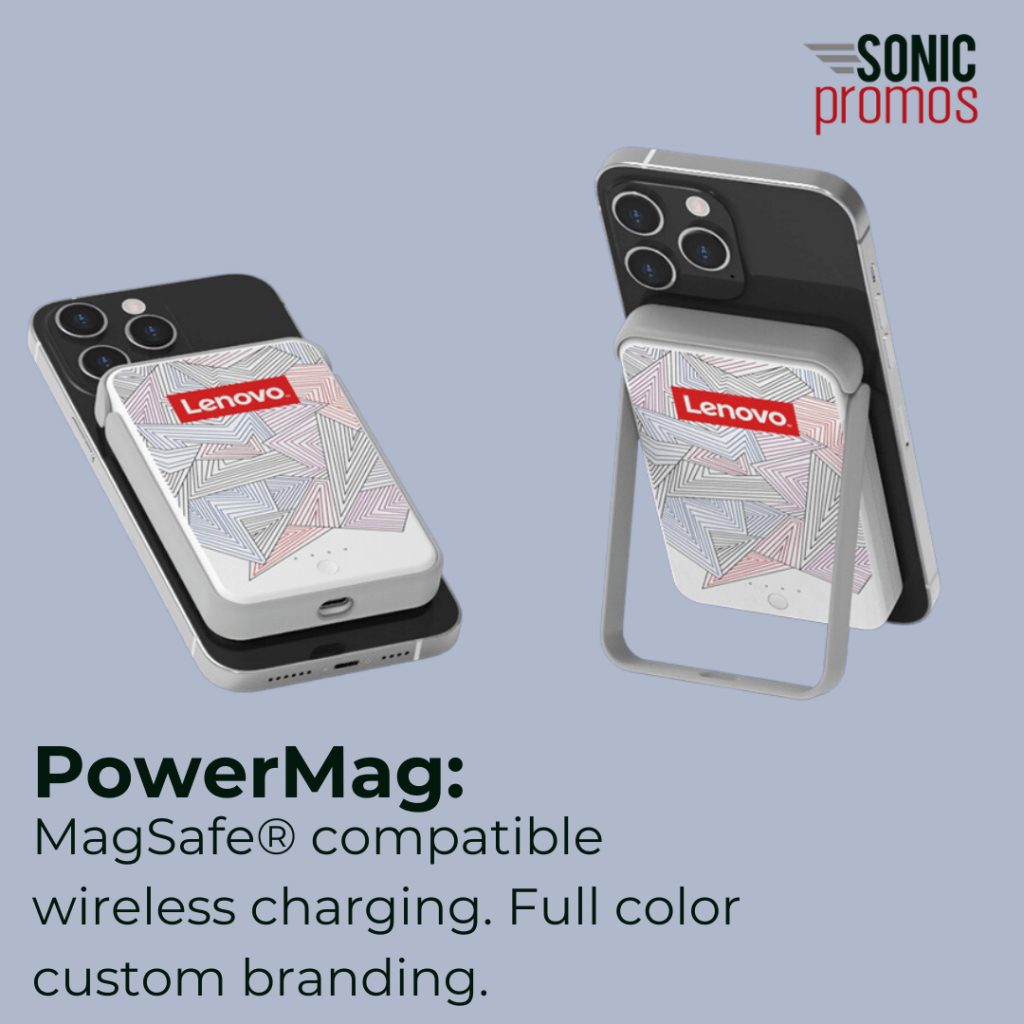 Two images of a custom branded logo power bank on the back of a cell phone. One shows the power bank flat, the other image shows that the power bank has a part that slides out to create a phone stand. Text reads: "PowerMag: MagSafe compatible wireless charging. Full color custom branding."
