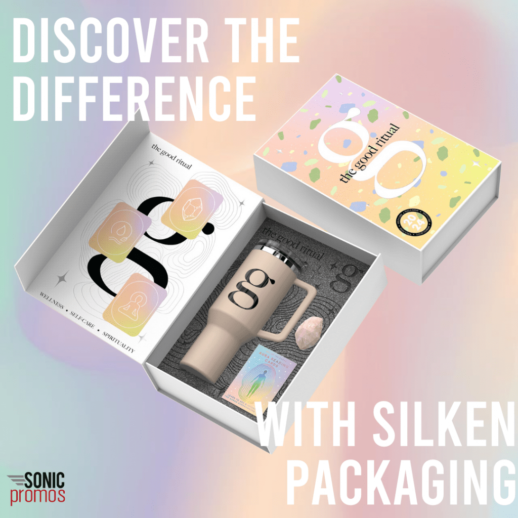 Text reads: "Discover the difference with Silken Packaging" Pictured are full color custom logo branded boxes. The box is branded with the Goop logo. Inside the box is a custom branded Stanley dupe tumbler and a card.