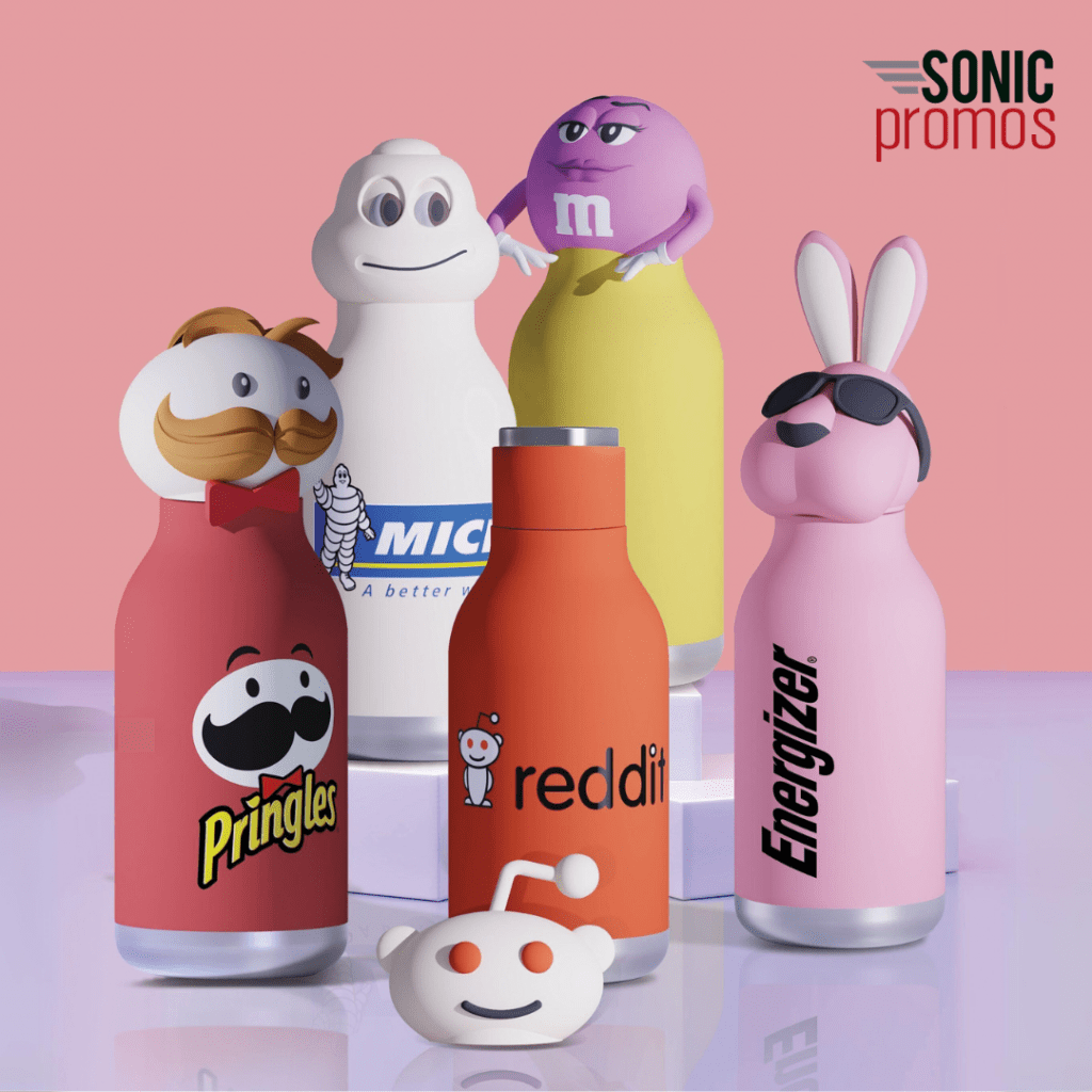 A collection of custom branded Bestie Bottles. Pringles, Michelin, M&M, reddit and Energizer brands are all shown