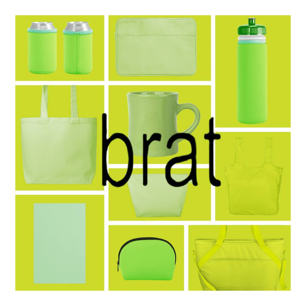A variety of promotional products in lime green are in the background. On top, the word "Brat" in the style of Charli XCX's Brat album cover