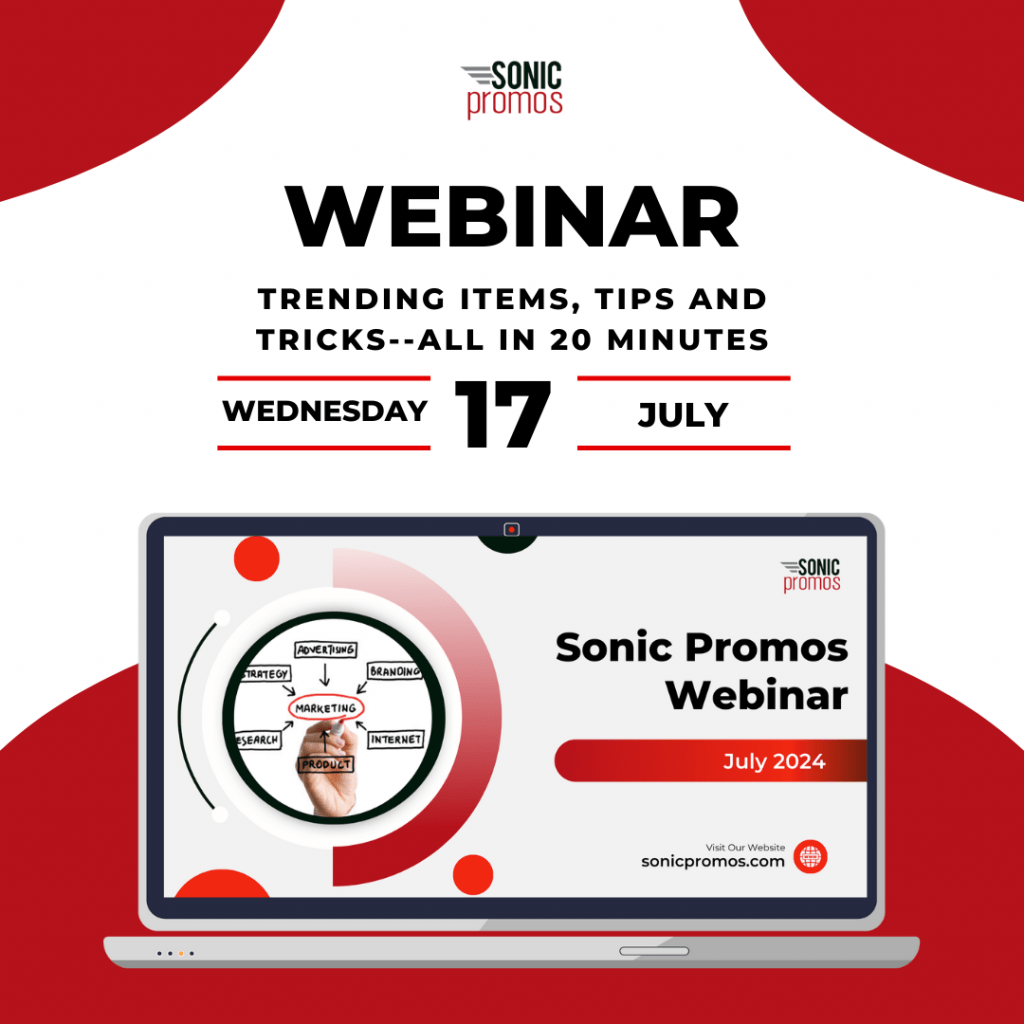 Text: "Webinar. Trending items, tips and tricks,--all in 20 minutes. Wednesday 17 July." An image of an open laptop below the text. The screen shows the first slide of Sonic Promos' July webinar