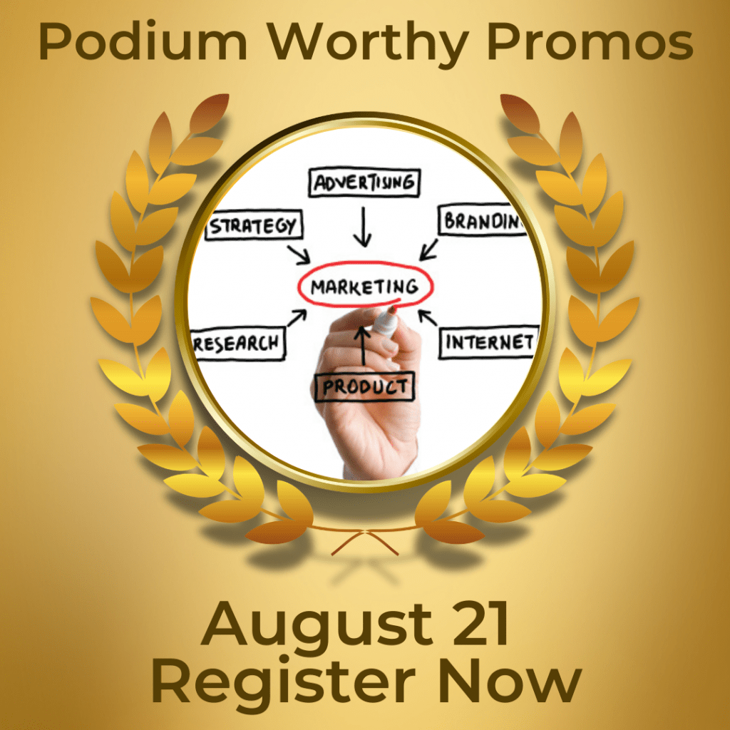 Metallic gold background with a gold laurel medal in the center. Text reads: "Podium Worthy Promos. August 21. Register Now" Sonic Promos