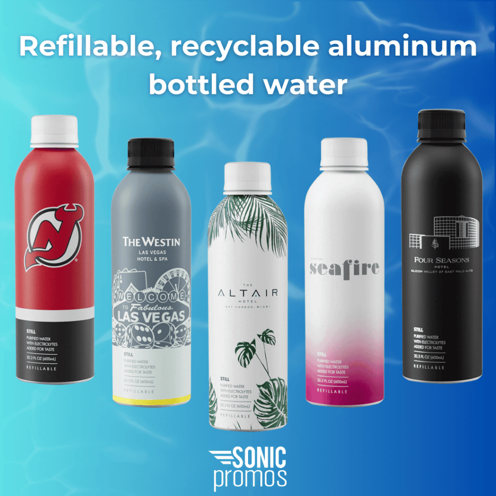 A blue water background. Pictured are five custom branded aluminum Path bottled water bottles. Text reads: "refillable, recyclable aluminum bottled water." Sonic Promos