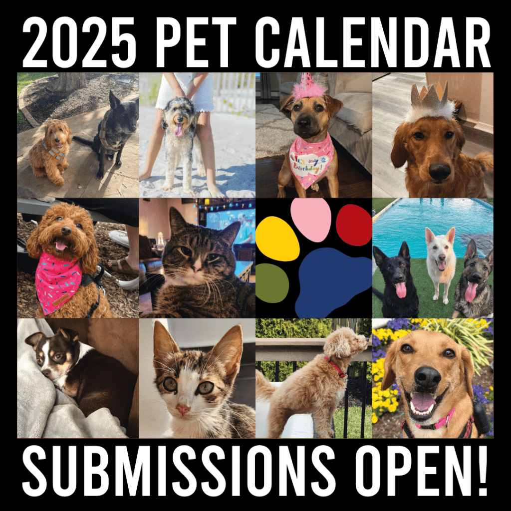 A photo grid of nine pet photos is in the center of this image. Text reads: "2025 Pet Calendar Submissions Open!"