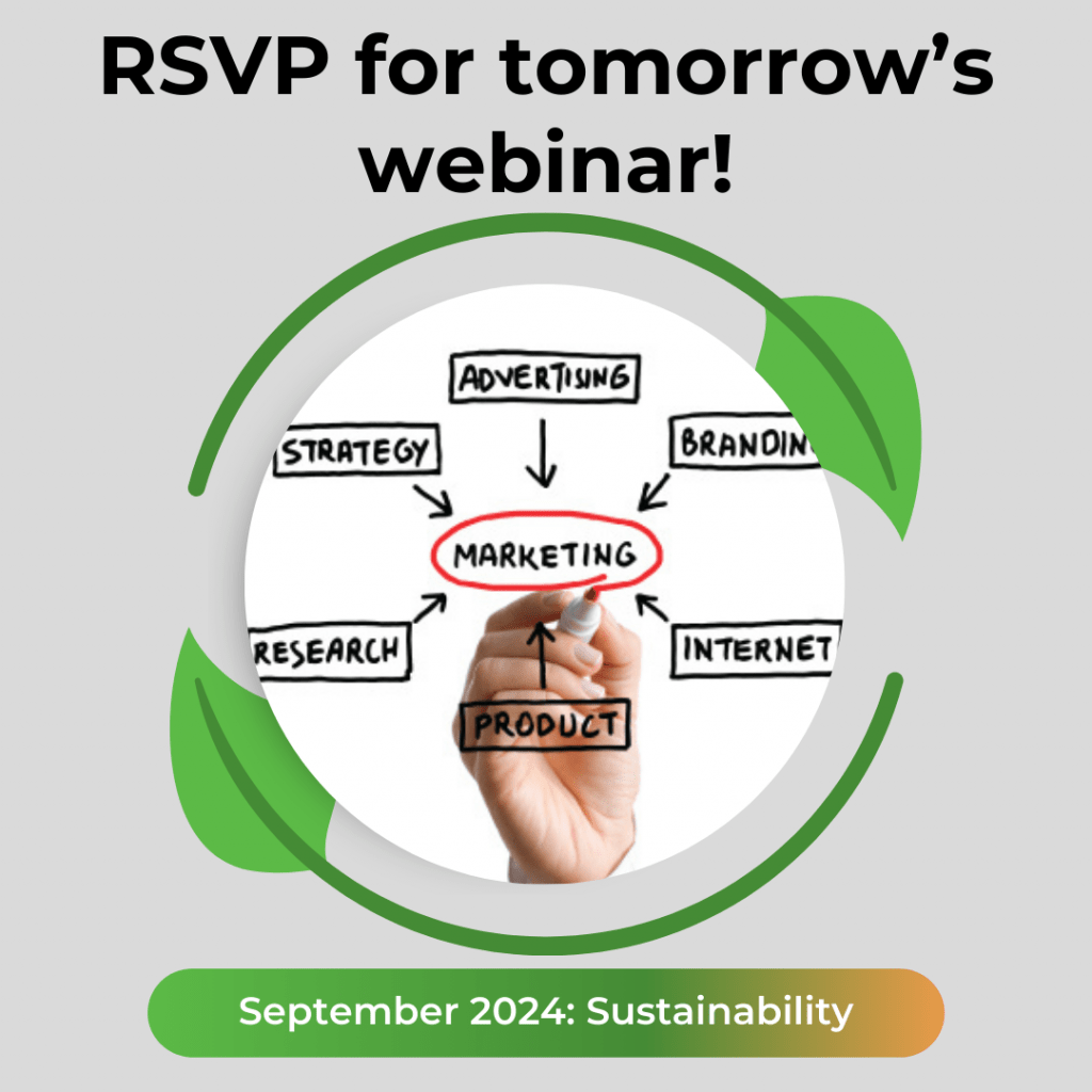 Text: "RSVP for tomorrow's webinar! September 2024: Sustainability." In the center is an image of green leaves going around the Sonic Promos brand brainstorm