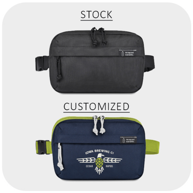 Two images stacked on top of one another. The top image is labeled "stock" and shows a plain black fanny or crossbody bag. The bottom image is labeled "customized" and shows the same bag with a green strap, blue body, whit zipper pulls and a two color print on the front.