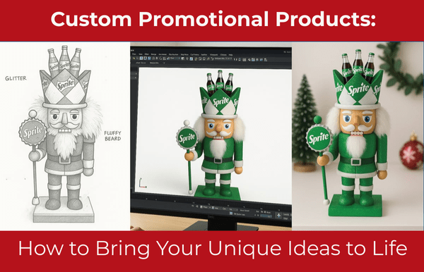 Image shows three versions of a holiday nutcracker. From left to right: image of a hand sketched Nutcracker, image of a computer 3D model of a Nutcracker, image of a functional finished version of the Nutcracker