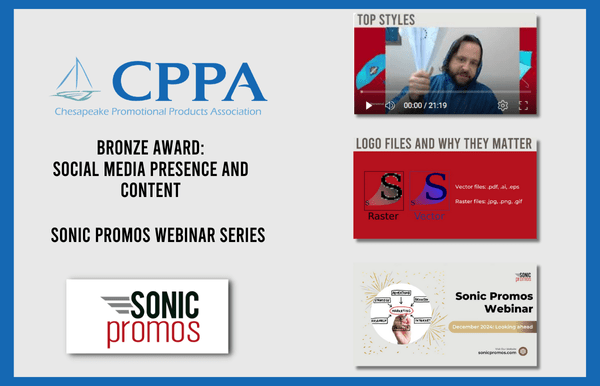 Logo of CPPA at top, text below reads Bronze Award: Social Media Presence and Content. Sonic Promos Webinar Series. To the right of the text there are three screenshots from the webinars