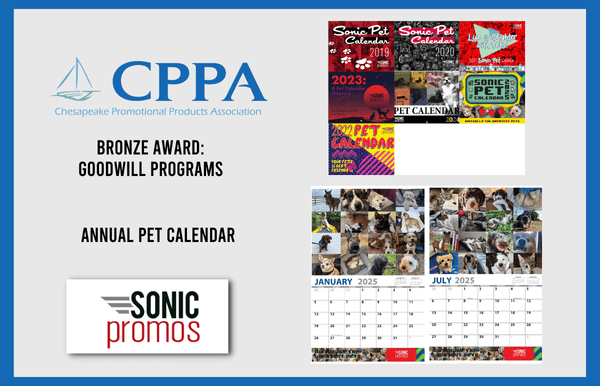 Logo of CPPA at top, text below reads Bronze Award: Goodwill Programs. Sonic Promos Pet Calendar. To the right of the text are images showing the interior layout of a pet calendar and a series of covers.
