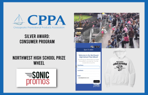 Logo of CPPA at top, text below reads Silver Award: Consumer Program. Northwest High School Prize Wheel. To the right of the text are three images. One is a photo of the game day showing cheerleaders holding up QR codes. One is a screenshot of the prize wheel page and the other is a picture of a branded hoodie.