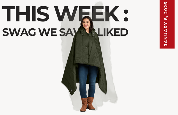 Text above reads "This Week: Swag We Saw and Liked." Below is a catalog image cutout of a woman wearing jeans, boots and a military green Eddie Bauer poncho.