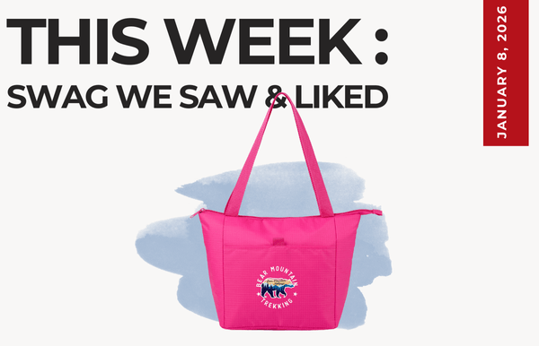 Text above reads "This Week: Swag We Saw and Liked." Below is a catalog image cutout of a bright pink Kade cooler bag.