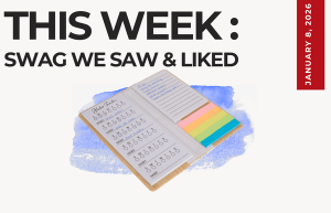 Text above reads "This Week: Swag We Saw and Liked." Below an image of the Wellable Bamboo Sticky Note Pad and Habit Tracker, laying open.