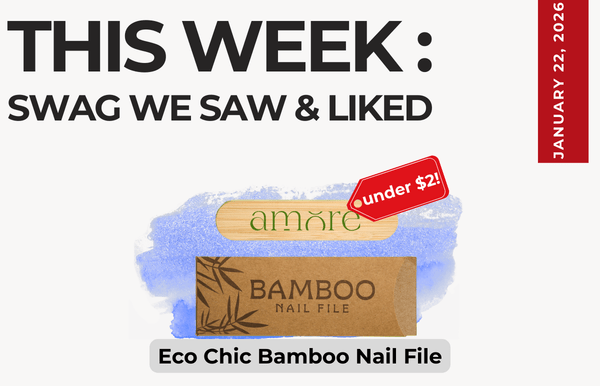 Text above reads "This Week: Swag We Saw and Liked." Below an image of the Eco Chic Bamboo Nail file an the package it comes in. A small tab says "under $2!"