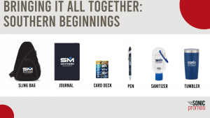 2026 Q1 Webinar 1 - Sonic Promos | Custom Promotional Items Text: "Putting it all together: Southern Beginnings." A series of images shows Southern Management branded items. A Journal, card deck, pen, and hand sanitizer