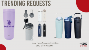 A slide from the webinar. This has text above "Trending requests." Below there are images of a Topl bottle in four different colors, an Owala freesip bottle and a generic bottle with a sip through lid. The text below says: "leak proof water bottles and drinkware"