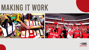 Text: "Making it work" Below are two images, one of people buying Trader Joes shopping bags and another of a crowd of Capitals hockey fans wearing matching gear