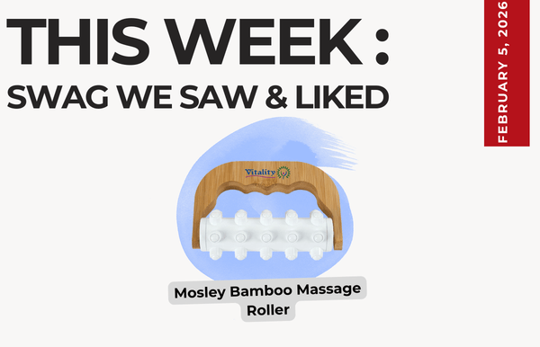 Text above reads "This Week: Swag We Saw and Liked." Image below is the Mosley Bamboo Massage Roller