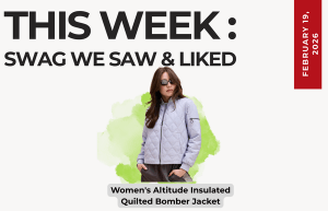 Text above reads "This Week: Swag We Saw and Liked." Below an image of the Women's Altitude Insulated Quilted Bomber jacket worn by a model