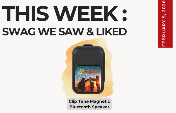 Text above reads "This Week: Swag We Saw and Liked." Below an image of the Clip Tune Magnetic Bluetooth Speaker with a full color logo branded on it.