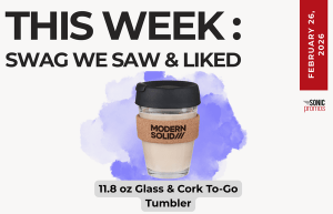 Text above reads "This Week: Swag We Saw and Liked." Below is an image of the 11.8oz Glass and Cork to-go tumbler