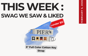 Text above reads "This Week: Swag We Saw and Liked." Below an image of the 5" Full Color Cotton Key Strap. It is show two ways--front and back with nautical flags on one side and pier74 on the other side.