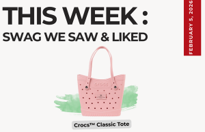 Text above reads "This Week: Swag We Saw and Liked." Below an image of the Crocs Classic Tote in medium and powder pink.
