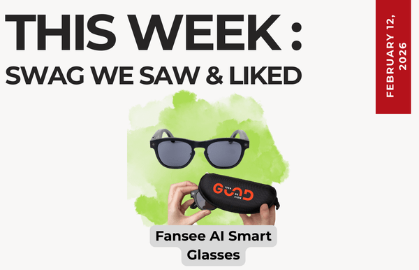 Text above reads "This Week: Swag We Saw and Liked." Below an image of the Fansee AI glasses and then also the case for the glasses