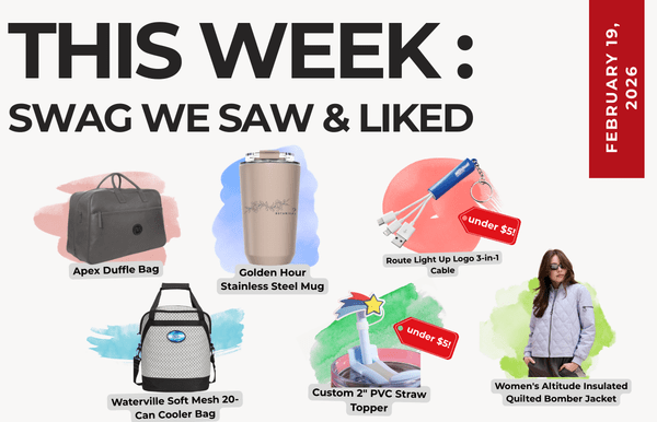 Text above reads "This Week: Swag We Saw and Liked." Below a collection of images of the items featured in the blog post