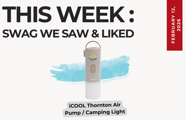 Text above reads "This Week: Swag We Saw and Liked." Below an image of the iCOOL Thornton Air Pump and Camping Light