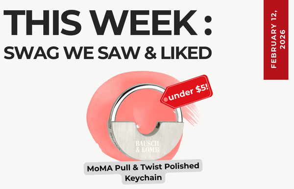 Text above reads "This Week: Swag We Saw and Liked." Below an image of the MoMA Pull and Twist keychain with a small icon that says "under $5" pointing to it.