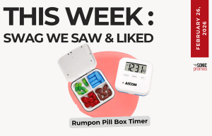 Text above reads "This Week: Swag We Saw and Liked." Below is an image of the Rumpon pill box timer both open and closed.