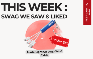 Text above reads "This Week: Swag We Saw and Liked." Below an image of the Route ight Up Logo 3-in-1 Cable with small tag pointing at the image. The tag has text thas reads "under !"