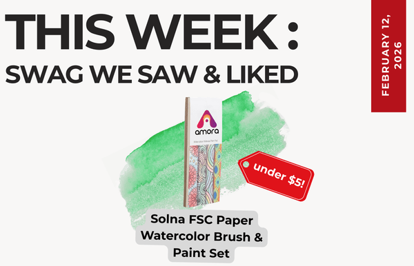 Text above reads "This Week: Swag We Saw and Liked." Below an image of the Solna Watercolor Brush and Paint set. A small tag points to the image with text that says "under $5!"