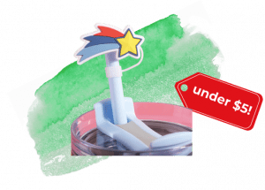 swag we saw and liked feb 19 2 - Sonic Promos | Custom Promotional Items image of a 2" custom PVC straw topper on top of a straw. The topper is in the shape of a shooting star with rainbow streaks.
