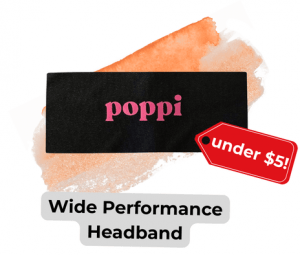 an image of a black Wide Performance Headband with a red tag pointing to it that says "under !"