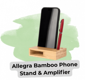 an image of the Allegra Bamboo Phone Stand and Amplifier holding a phone and a pen.