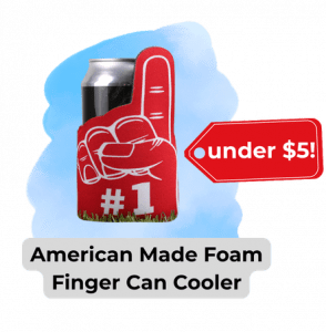 an image of a koozie in the shape of a foam finger. A tag points to it and says "under !"